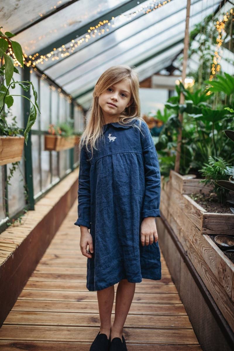 Mädchen Leinenkleid Langarm Kleid Aus Bio-Baumwolle Mit Kragen, Stickerei Optional von LaPetiteAlice