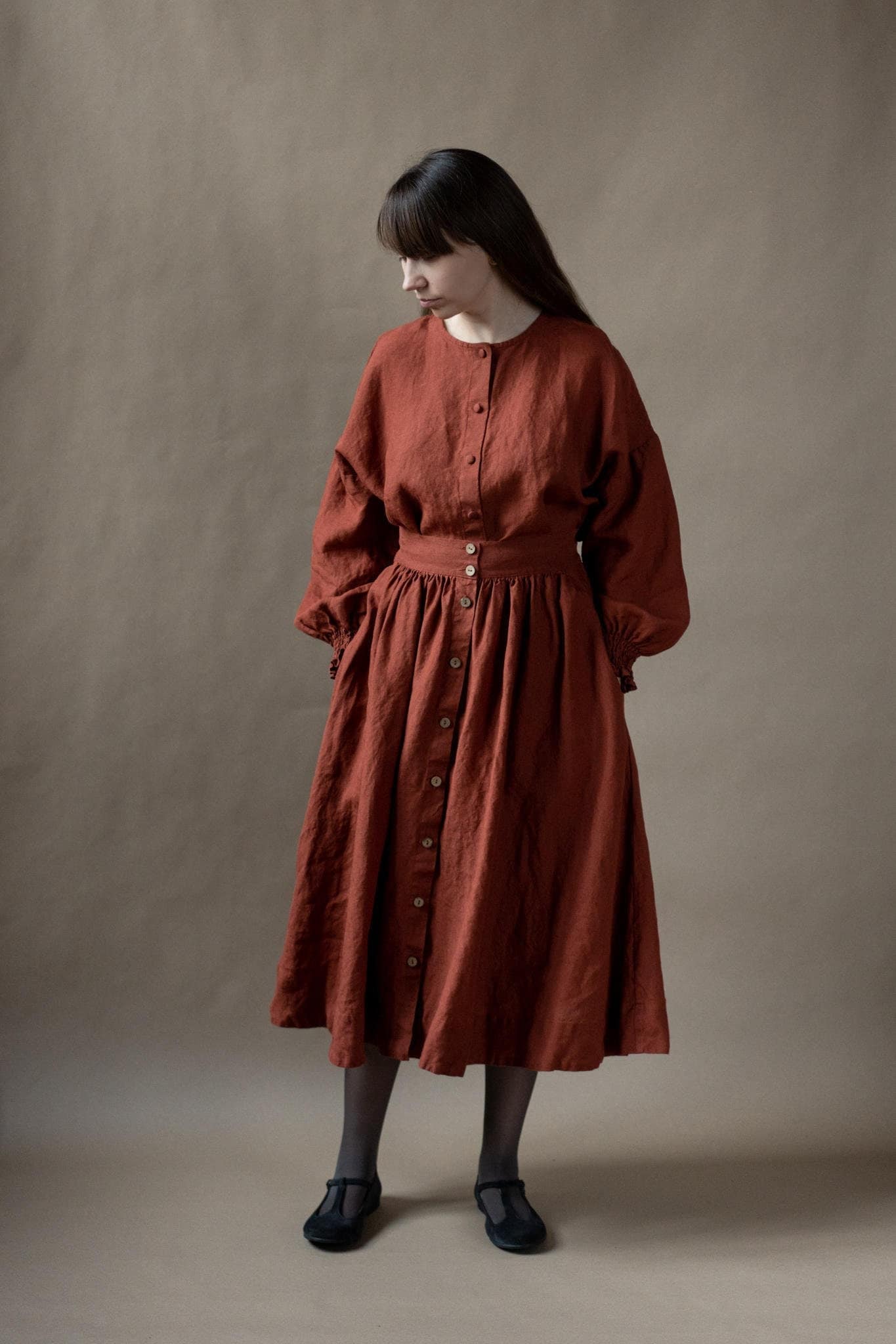 Midi Leinenrock Hoch Taillierter A-Linien-Rock Mit Taschen von LaPetiteAlice