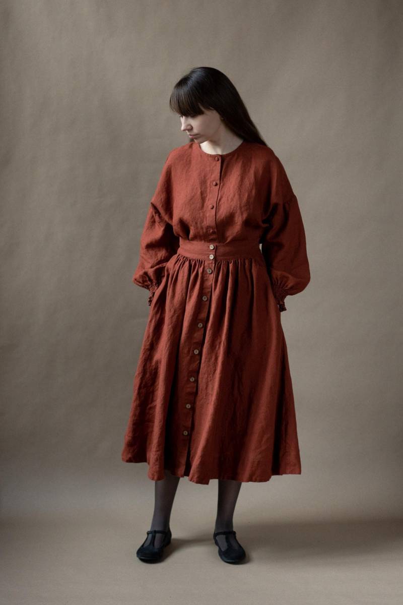 Midi Leinenrock Hoch Taillierter A-Linien-Rock Mit Taschen von LaPetiteAlice