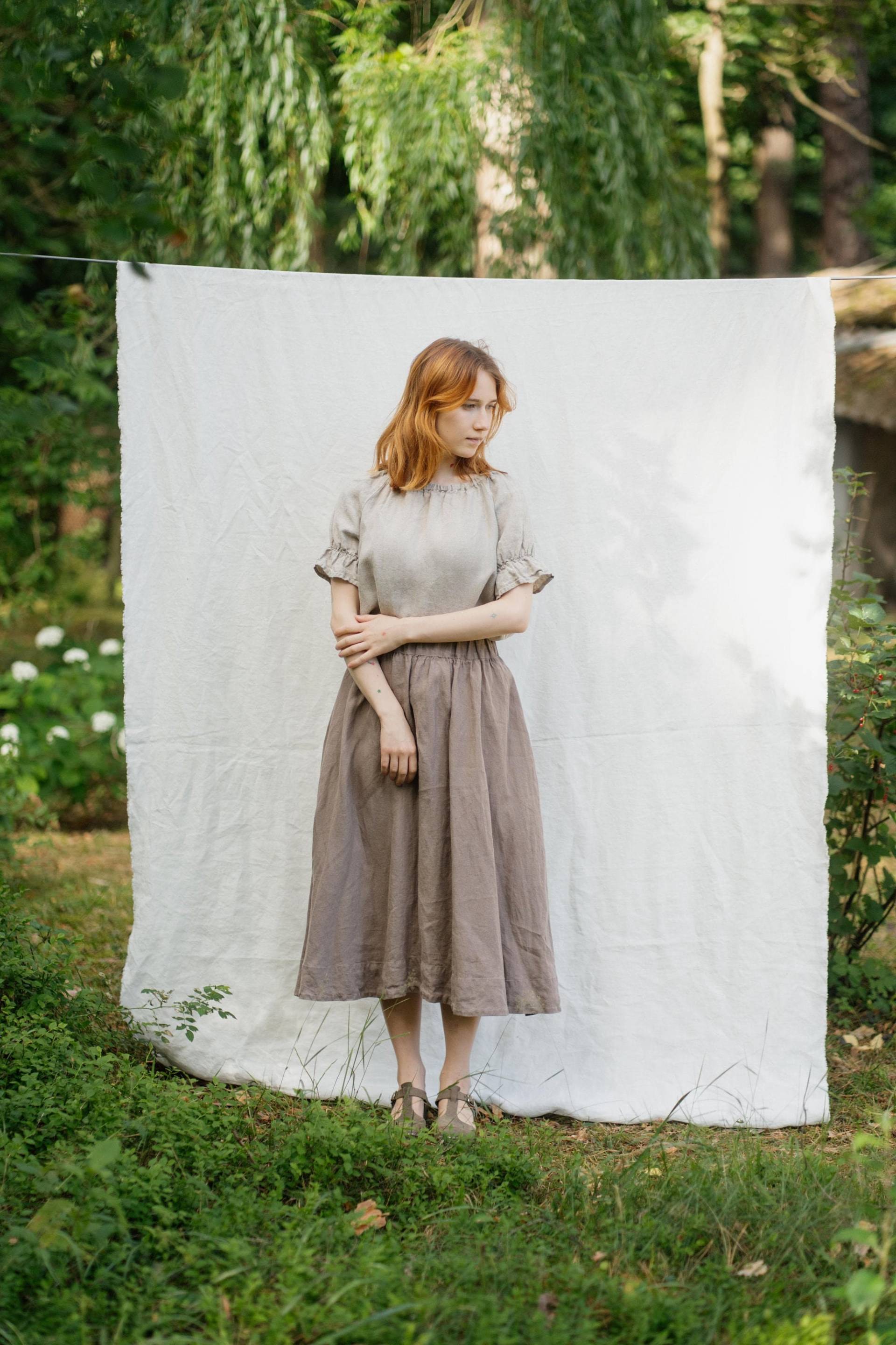 Mokka Leinenrock Plus Size Boho Midi Rock, Gummizug in Der Taille von LaPetiteAlice