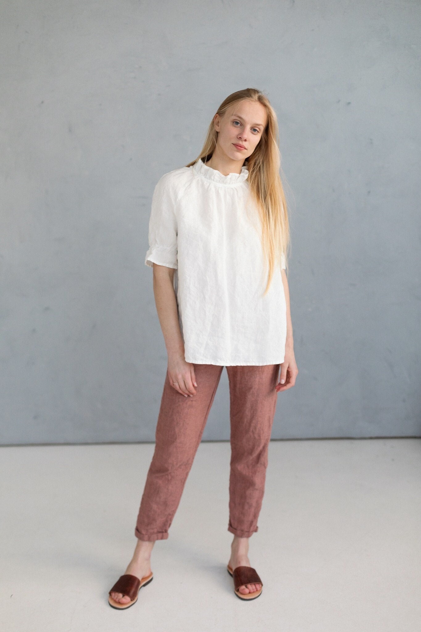 Übergroße Leinen Rüschen Tunika Kurzarm Button Up Top von LaPetiteAlice