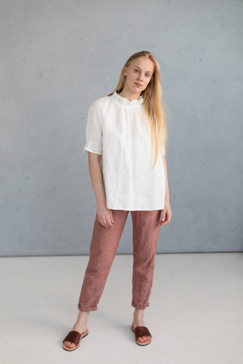 Übergroße Leinen Rüschen Tunika Kurzarm Button Up Top von LaPetiteAlice