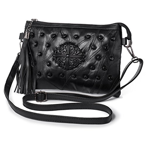 Kleine Umhängetasche Handtasche für Damen Quaste Nieten Clutch Abendtasche Weich Leder Schwarz von LaRechor