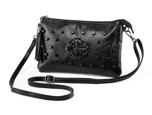 Kleine Umhängetasche Handtasche für Damen Quaste Nieten Clutch Abendtasche Weich Leder Schwarz von LaRechor