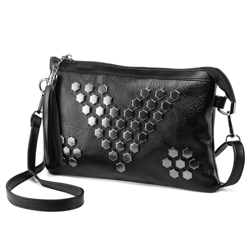 Kleine Umhängetasche Handtasche für Damen Quaste Nieten Clutch Abendtasche Weich Leder Schwarz von LaRechor