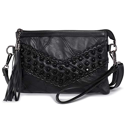 Kleine Umhängetasche Handtasche für Damen Quaste Nieten Clutch Abendtasche Weich Leder Schwarz von LaRechor