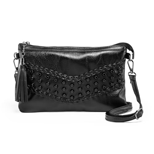Kleine Umhängetasche Handtasche für Damen Quaste Nieten Clutch Abendtasche Weich Leder Schwarz von LaRechor