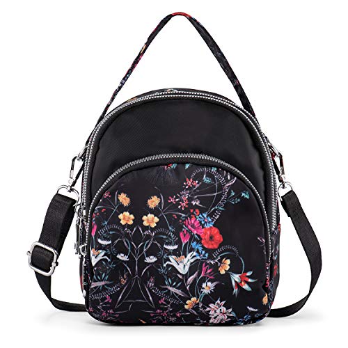 LaRechor Kleine Umhängetasche Handtasche Schultertasche für Damen Tote Tasche Mini Rucksack Nylon Frauentasche (Blumen mit Griff 1) von LaRechor
