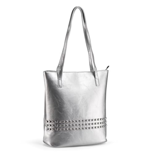 LaRechor Damen Handtasche Shopper Tasche Schultertasche mit Nieten PU Leder Damentasche zum Reise Arbeit Uni (Metallisch Silber) von LaRechor