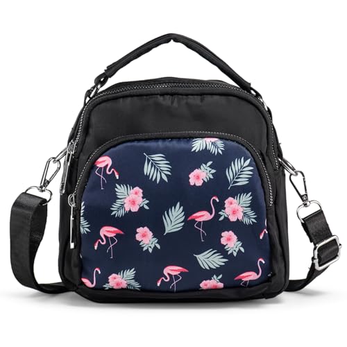 LaRechor Damen Umhängetasche Kleine Handtasche Schultertasche Vielen Fächern Nylon Damentaschen Flamingo Tasche mit Henkel Mini Rucksack von LaRechor