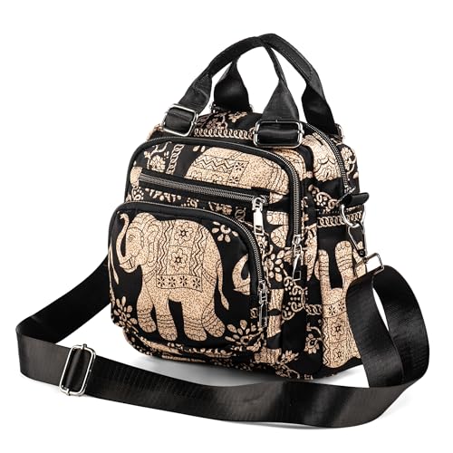 LaRechor Elefant Tasche Damen Frauen Umhängetasche Schultertasche Handasche Nylon Rucksack Schulrucksack mit Großer Kapazität Kleine Reisetasche Leicht National Vintage von LaRechor