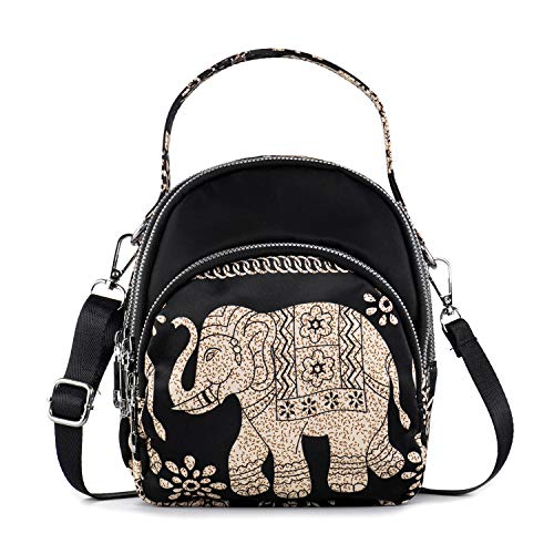 LaRechor Kleine Umhängetasche Handtasche Schultertasche für Damen Tote Tasche Mini Rucksack Nylon Frauentasche (Elefant mit Griff) von LaRechor