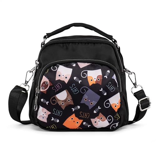 LaRechor Kleine Umhängetasche Handtasche Schultertasche für Damen Tote Tasche Mini Rucksack Nylon Frauentasche (Katzen Motiv) von LaRechor