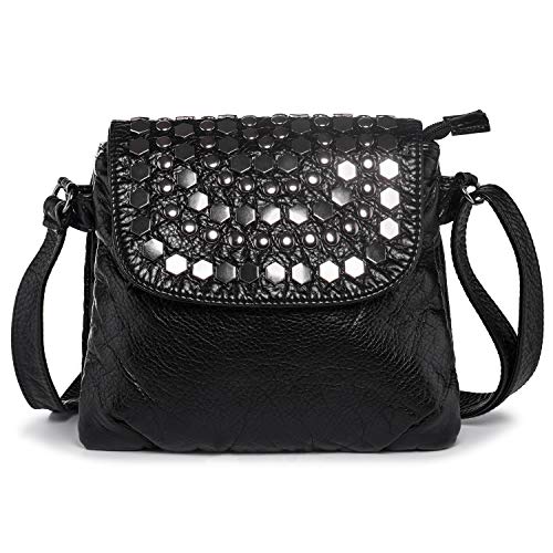 LaRechor Retro Nieten Umhängetasche Damen PU Leder Kleine Schultertasche mit Viele Fächer Frauen Handtasche Crossbody Bag (Schwarz) von LaRechor