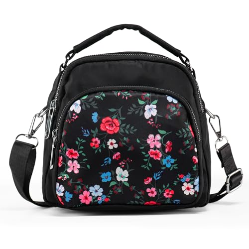 LaRechor Umhängetasche Damen Handtasche Klein Nylon Schultertasche mit Vielen Fächern Crossbody Bag Blumen Tasche mit Griff Mini Rucksack von LaRechor