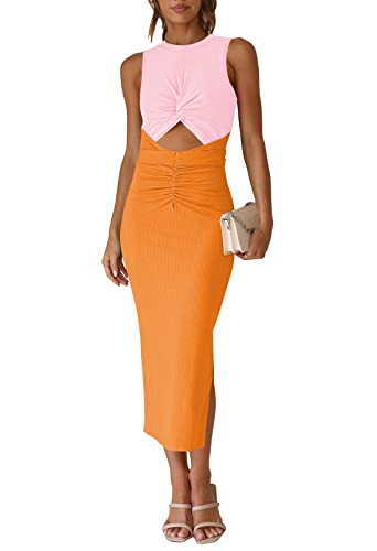 LaSuiveur Damen Sommer Ärmellos Bodycon Midi Kleider Cut Out Strick Crisscross Twist Ruched Slit Tank Midi Kleid, Orange/Abendrot im Zickzackmuster (Sunset Chevron), Groß von LaSuiveur