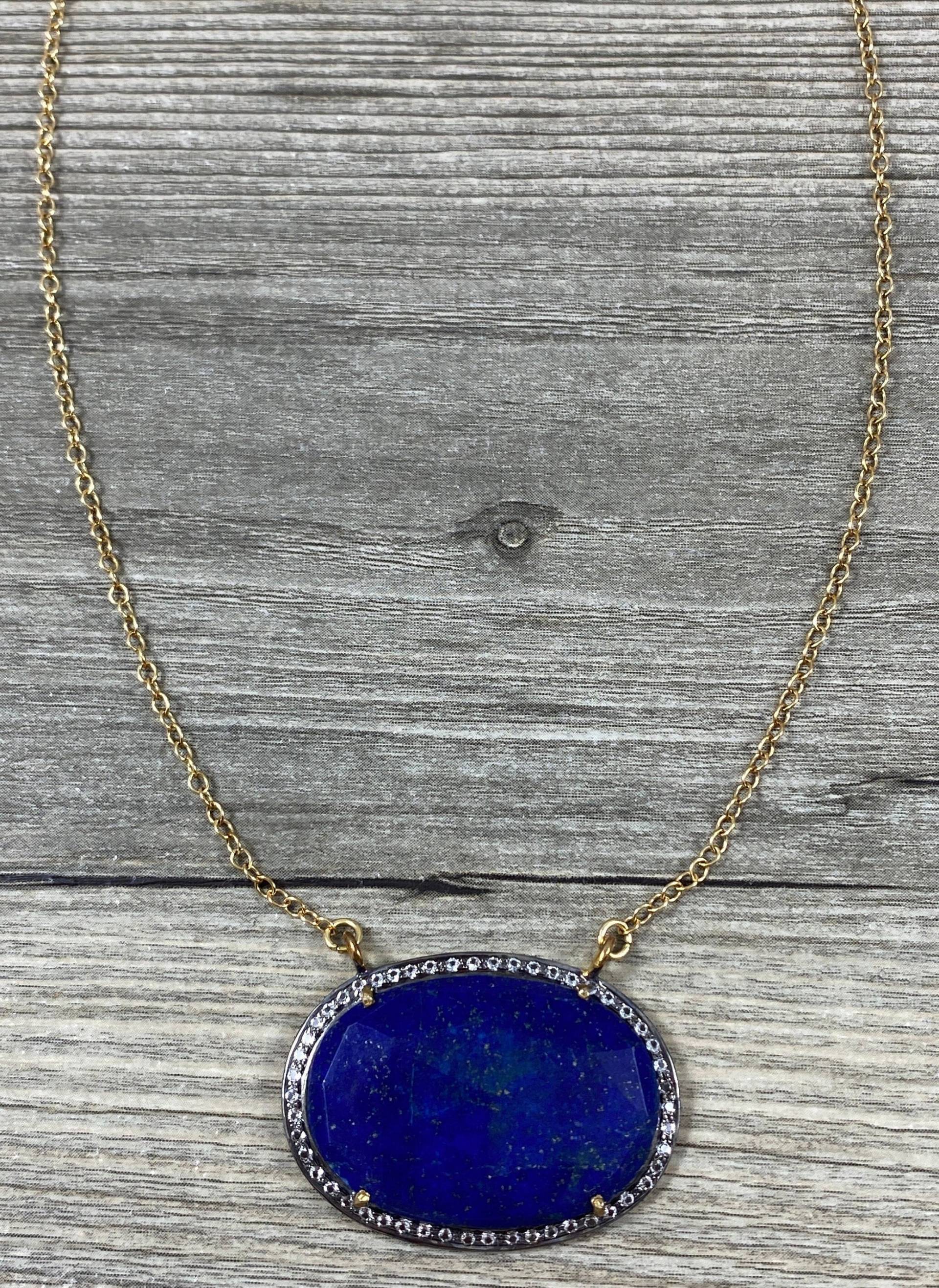 Echte Natürliche Lapis Lazuli Lünette Edelstein Pave Connector Set in Weißen Saphiren Auf Gold Filled Kettenhalskette/Großer Anhänger Schmuck Echte Natürliche Lapis Lazuli Lünette Edelstein Pave Connector Set in Weißen Saphiren Auf Gold Filled Kettenhalskette/Großer Anhänger Schmuck von LaVieEnRoseJewelry
