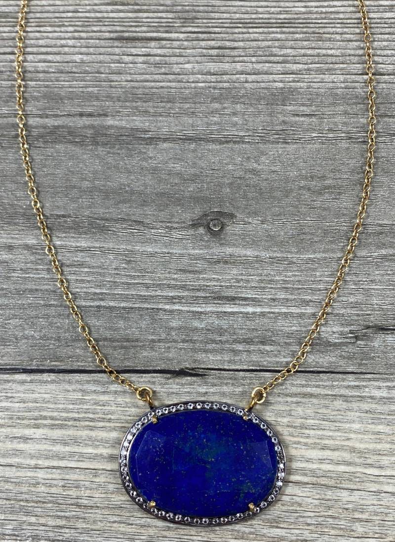Echte Natürliche Lapis Lazuli Lünette Edelstein Pave Connector Set in Weißen Saphiren Auf Gold Filled Kettenhalskette/Großer Anhänger Schmuck von LaVieEnRoseJewelry