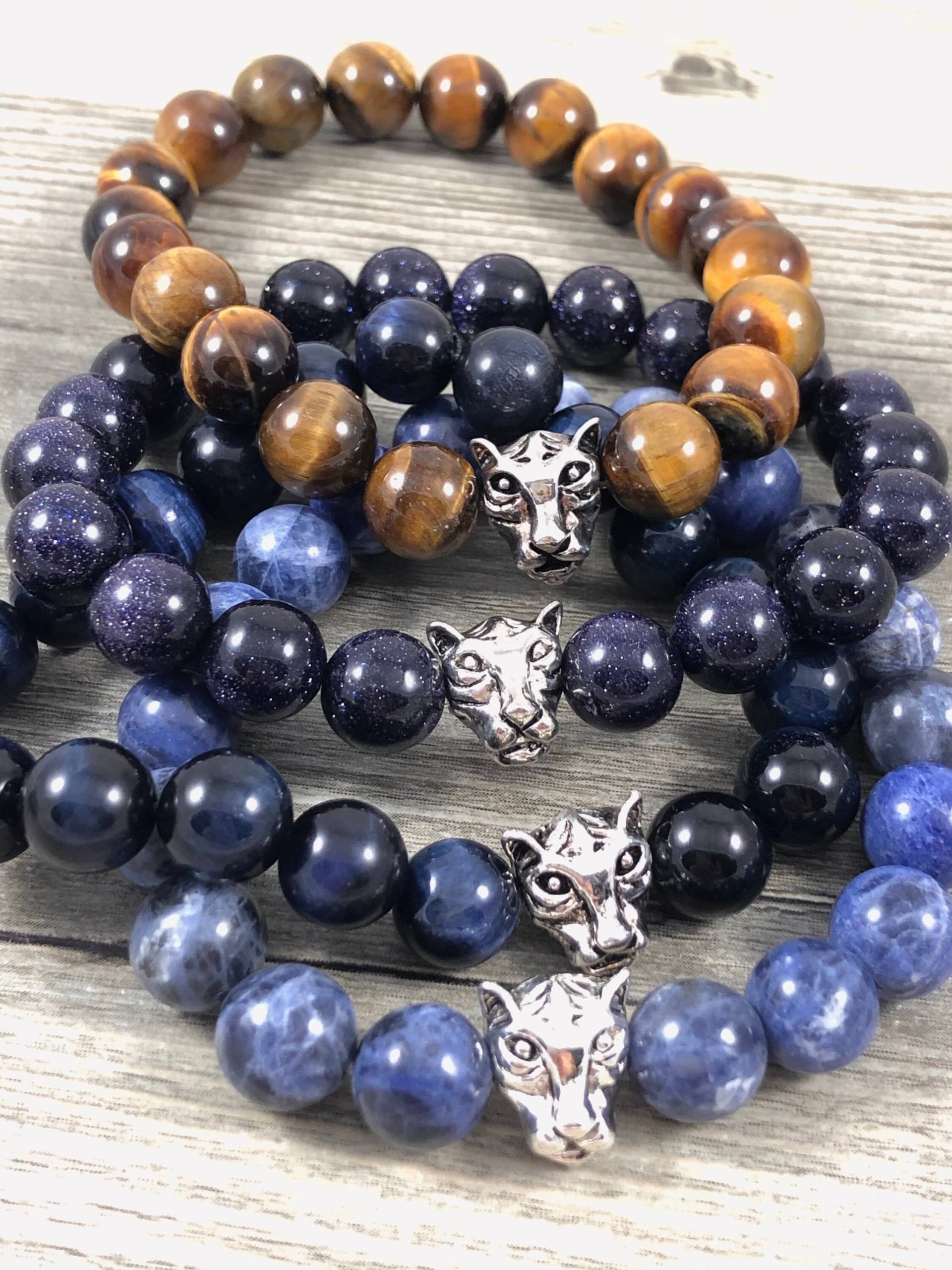 Herren 10mm Perlen Stretch Armbänder Mit Sterling Silber Tiger Perle/Blaues Tigerauge Blauer Sandstein Sodalith Herrenschmuck Herren 10mm Perlen Stretch Armbänder Mit Sterling Silber Tiger Perle/Blaues Tigerauge Blauer Sandstein Sodalith Herrenschmuck von LaVieEnRoseJewelry