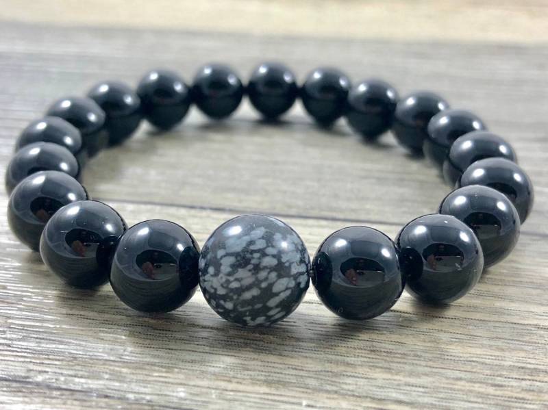 Herren 10mm Schwarz Onyx Stretch Armband Mit 12mm Schneeflocke Obsidian Akzent Perle/Schmuck Echte Edelstein Herren 10mm Schwarz Onyx Stretch Armband Mit 12mm Schneeflocke Obsidian Akzent Perle/Schmuck Echte Edelstein von LaVieEnRoseJewelry