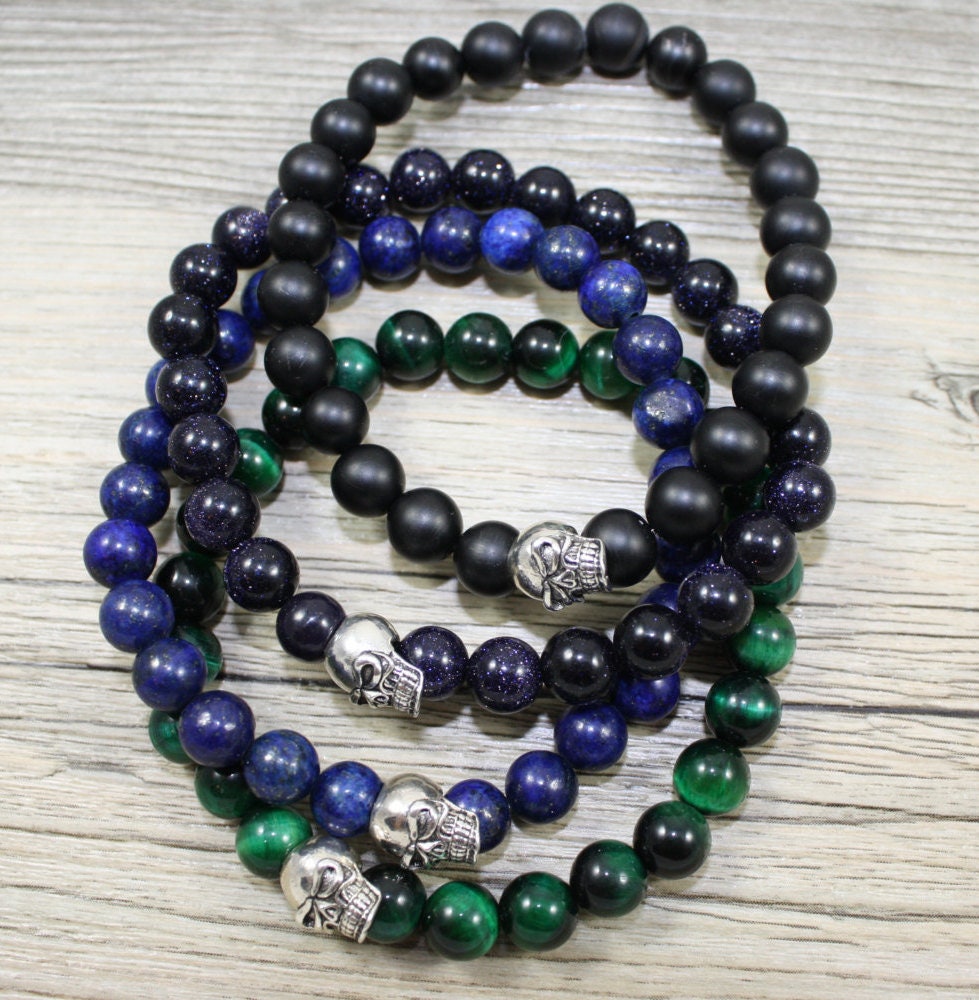 Herren 8 Mm Perlen Stretch Armbänder Mit Schädel/Grünem Tigerauge, Mattschwarzem Onyx, Lapis, Blauem Sandstein Herrenschmuck Herren 8 Mm Perlen Stretch Armbänder Mit Schädel/Grünem Tigerauge, Mattschwarzem Onyx, Lapis, Blauem Sandstein Herrenschmuck von LaVieEnRoseJewelry