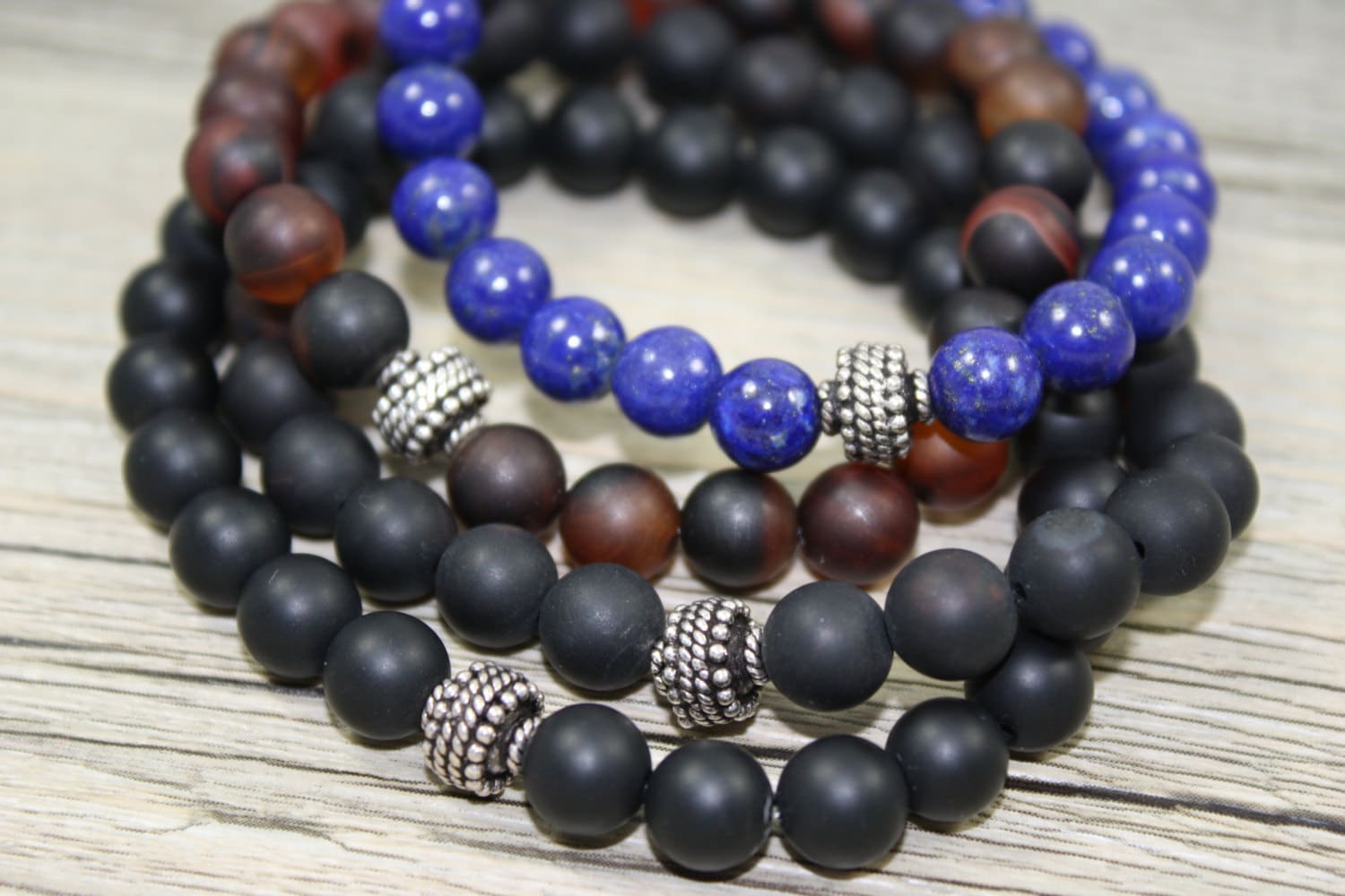 Herren Perlen Stretch Armbänder Mit Sterling Silber Seil Perle/Lapis, Matt Schwarz Onyx, Karneol Achat Herren Perlen Stretch Armbänder Mit Sterling Silber Seil Perle/Lapis, Matt Schwarz Onyx, Karneol Achat von LaVieEnRoseJewelry