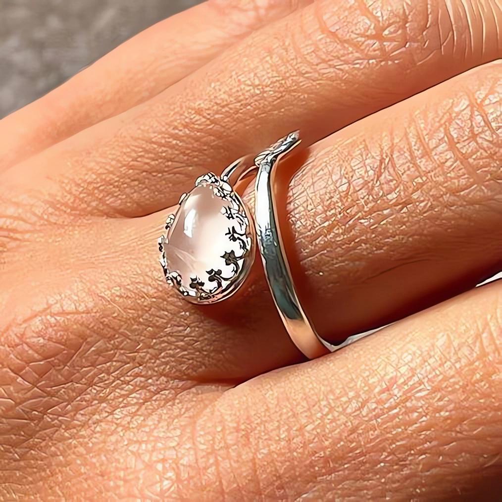 Blatt Sterling Silber Teardrop Rosenquarz Ring Edelstein 925 Einstellbar Band von LaWande