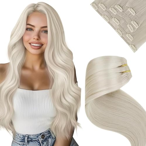 LaaVoo 45cm Remy Clip in Blond Extensions Echthaar 70g/5pcs Professionelle Clip Haarverlängerungen für Frauen Platinblond Remy Extensions Echthaar Clip in Haarverlängerung Tressen von LaaVoo