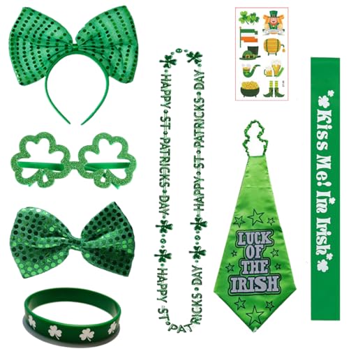 Laahoem St Patricks Day Zubehör Set Irland Party Cosplay Dekoration Requisiten Hut Kopfbedeckung Klee Stirnband Papier Gläser Irish National Carnival Green 8 Pieces von Laahoem