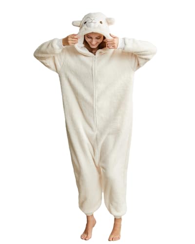 Laahoem Tier Alpaka Pyjamas Unisex Erwachsene Kapuze Männer Frauen Overall Kostüm Cosplay Nachtwäsche Beige White S von Laahoem