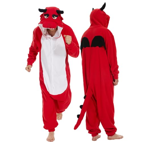 Laahoem Tier Drachen Pyjamas Unisex Erwachsene Kapuze Männer Frauen Overall Kostüm Cosplay Nachtwäsche Rot S von Laahoem