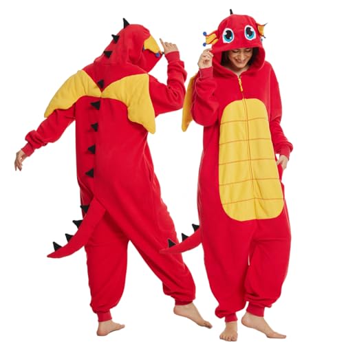 Laahoem Tier Drachen Pyjamas Unisex Erwachsene Reißverschluss Kapuze Männer Frauen Jumpsuit Kostüm Cosplay Nachtwäsche Red S von Laahoem