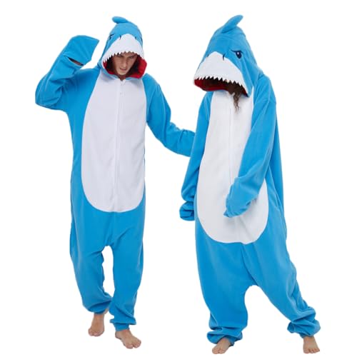 Laahoem Tier Hai Pyjama Unisex Erwachsene Kapuze Männer Frauen Overall Kostüm Cosplay Nachtwäsche Dunkelblau S von Laahoem