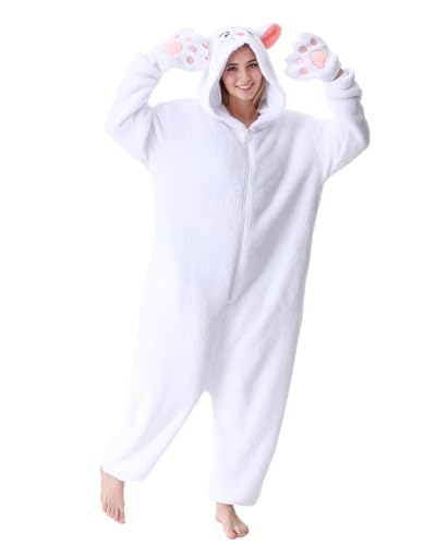 Laahoem Tier Perser Katze Pyjamas Unisex Erwachsene Kapuze Männer Frauen Overall Kostüm Cosplay Nachtwäsche White XL von Laahoem