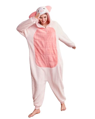 Laahoem Tier Schwein Pyjamas Unisex Erwachsene Kapuze Männer Frauen Overall Kostüm Cosplay Nachtwäsche Pink S von Laahoem