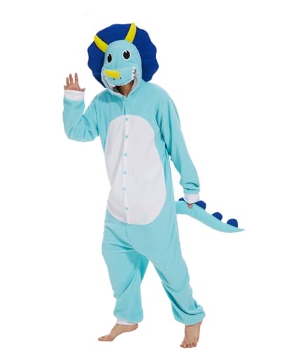 Laahoem Tier Triceratops Pyjamas Unisex Erwachsene Kapuze Männer Frauen Overall Kostüm Cosplay Nachtwäsche Blau XL von Laahoem