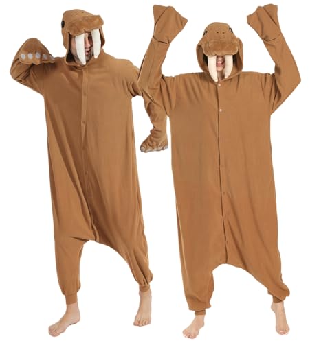 Laahoem Tier Walross Pyjamas Unisex Erwachsene Jumpsuit Kapuze Männer Frauen Kostüm Cosplay Nachtwäsche Brown M von Laahoem
