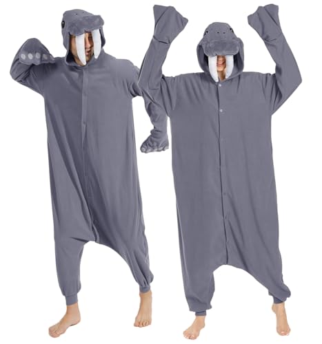Laahoem Tier Walross Pyjamas Unisex Erwachsene Jumpsuit Kapuze Männer Frauen Kostüm Cosplay Nachtwäsche Gray M von Laahoem