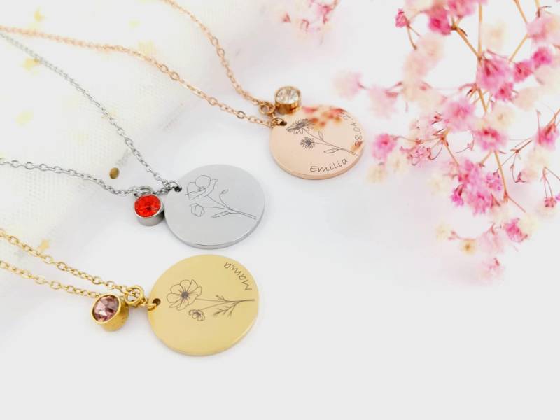 Personalisierte Geburtsblumen Kette Mit Name & Datum Gravur Und Geburtsstein - Ideales Geschenk Für Besondere Anlässe von LaasioDE