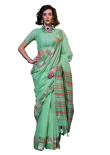 Laavaan Damen Baumwoll-Seide Saree mit ungenähtem Blusenteil, Pista Green, One size Laavaan Damen Baumwoll-Seide Saree mit ungenähtem Blusenteil, Pista Green, One size von Laavaan