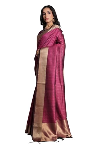 Laavaan Damen Karierter Baumwoll-Seiden-Saree mit ungenähtem Blusenteil, Dunkelrosa, One size von Laavaan
