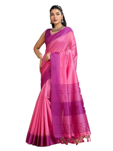 Laavaan Damen Karierter Baumwoll-Seiden-Saree mit ungenähtem Blusenteil, Faszinierendes Rosa, One size von Laavaan