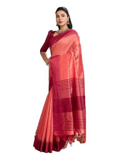 Laavaan Damen Karierter Baumwoll-Seiden-Saree mit ungenähtem Blusenteil, Fasziniertes Kastanienbraun, One size von Laavaan