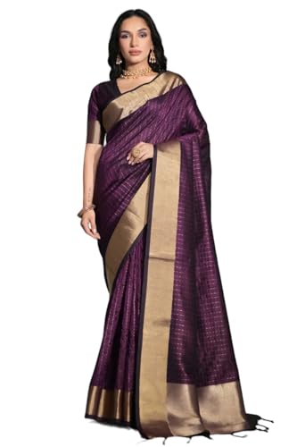 Laavaan Damen Karierter Baumwoll-Seiden-Saree mit ungenähtem Blusenteil, Mattes Lila, One size Laavaan Damen Karierter Baumwoll-Seiden-Saree mit ungenähtem Blusenteil, Mattes Lila, One size von Laavaan