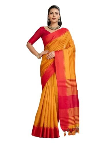 Laavaan Damen Karierter Baumwoll-Seiden-Saree mit ungenähtem Blusenteil, Orange, One size von Laavaan