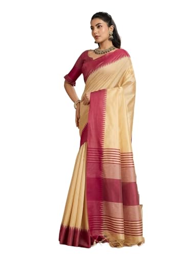 Laavaan Damen Karierter Baumwoll-Seiden-Saree mit ungenähtem Blusenteil, braun, One size von Laavaan
