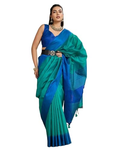 Laavaan Damen Karierter Baumwoll-Seiden-Saree mit ungenähtem Blusenteil, hellblau, One size von Laavaan