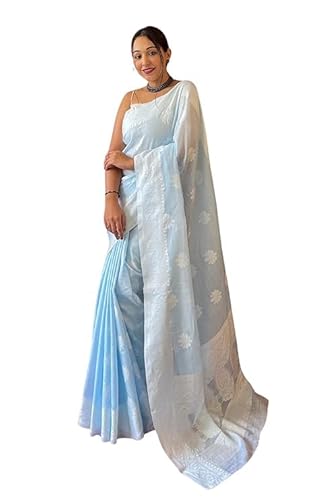 Laavaan Damen Karierter Baumwoll-Seiden-Saree mit ungenähtem Blusenteil, himmelblau/blau, One size Laavaan Damen Karierter Baumwoll-Seiden-Saree mit ungenähtem Blusenteil, himmelblau/blau, One size von Laavaan