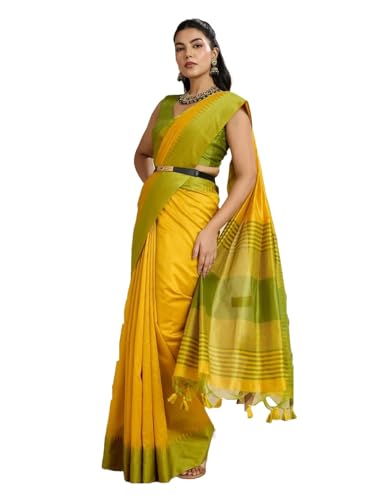 Laavaan Damen Karierter Baumwoll-Seiden-Saree mit ungenähtem Blusenteil, sonnengelb, One size von Laavaan