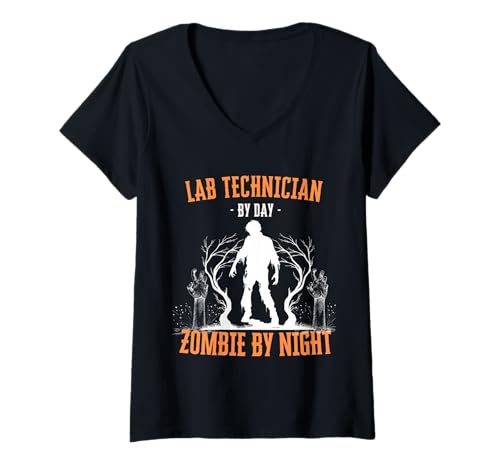 Damen Labortechniker bei Tag Zombie bei Nacht Lustig Halloween Gruselig T-Shirt mit V-Ausschnitt Damen Labortechniker bei Tag Zombie bei Nacht Lustig Halloween Gruselig T-Shirt mit V-Ausschnitt von Lab Technician Halloween Career Costumes